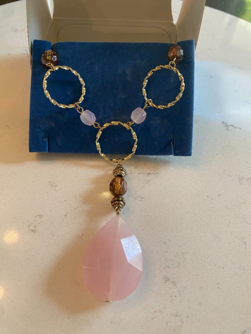 Avon Rose Chocolate Link Necklace Gold Tone Teardrop Pendant